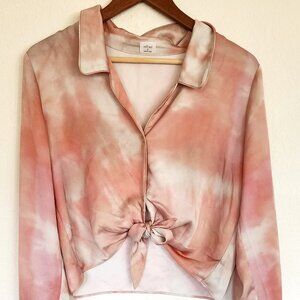 Aritzia Wilfred Peaufiner Tie Front Blouse Cropped Long Sleeve Pink Cream Ombre